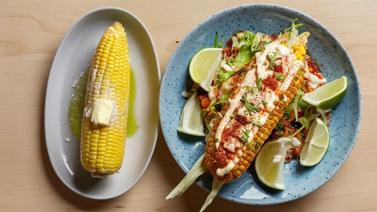 Side-by-side visual comparison of street corn and elote on separate plates.