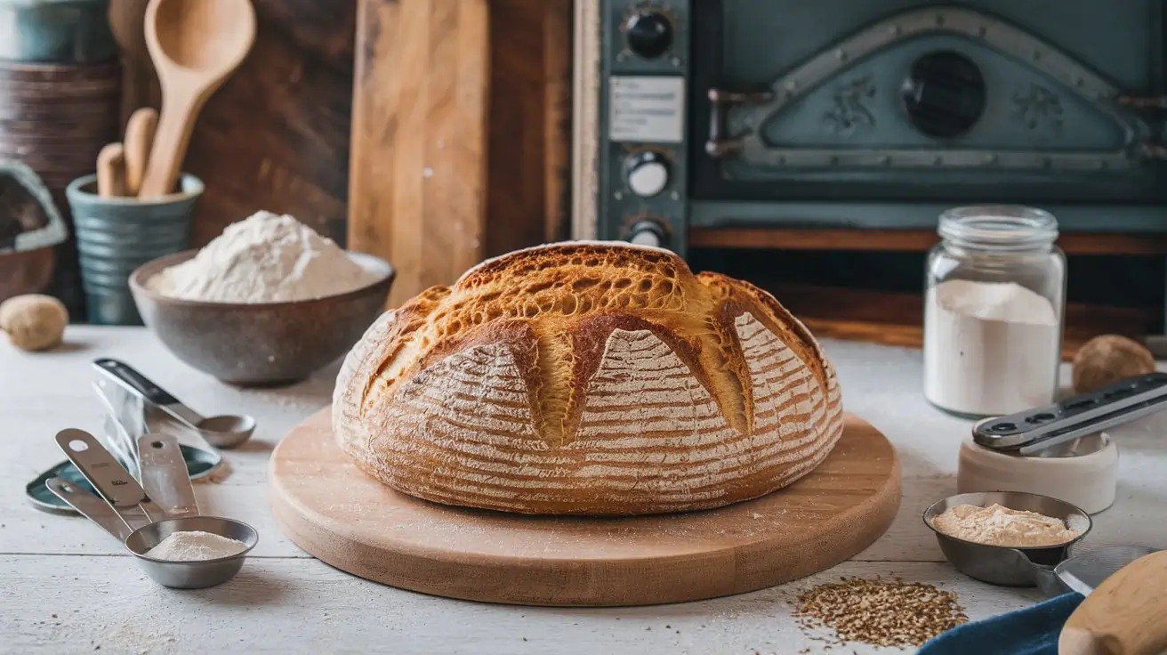 What Is The Trick To Making Good Gluten Free Bread?.Freshly baked gluten-free bread with essential baking ingredients in a cozy kitchen setting.