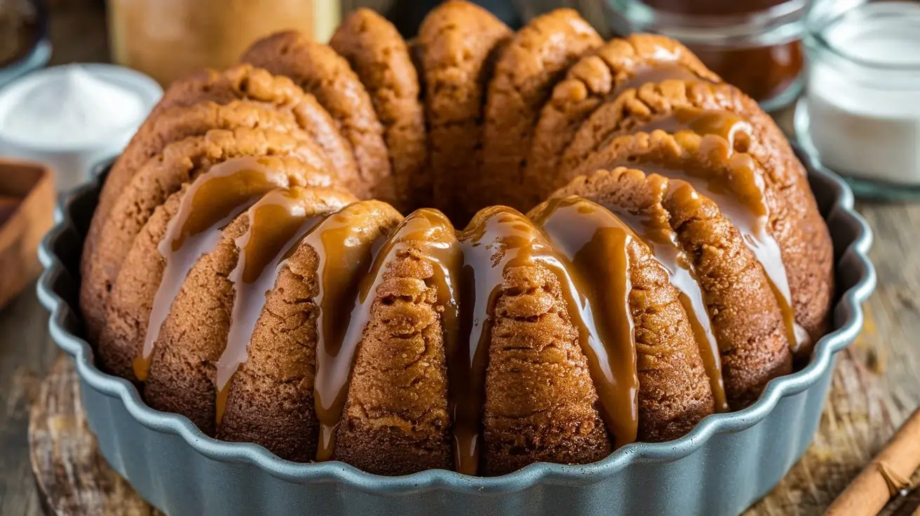 Gluten Free Monkey Bread.Freshly baked gluten free monkey bread with caramel glaze in a bundt pan.