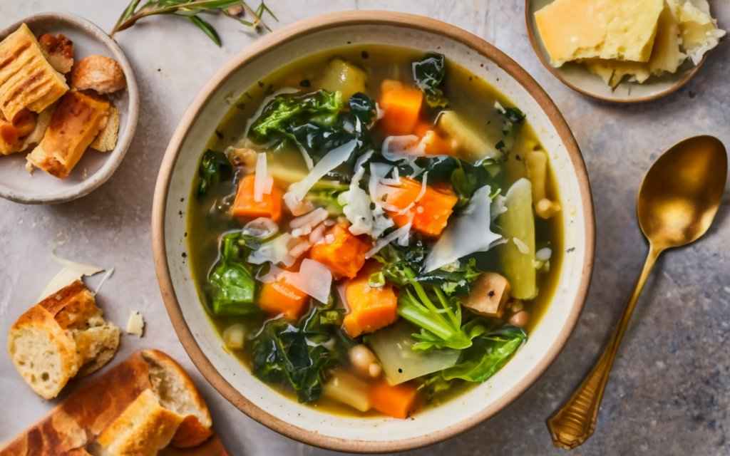 Steaming Bowl Of Escarole Soup Garnished With Parmesan And Croutons.