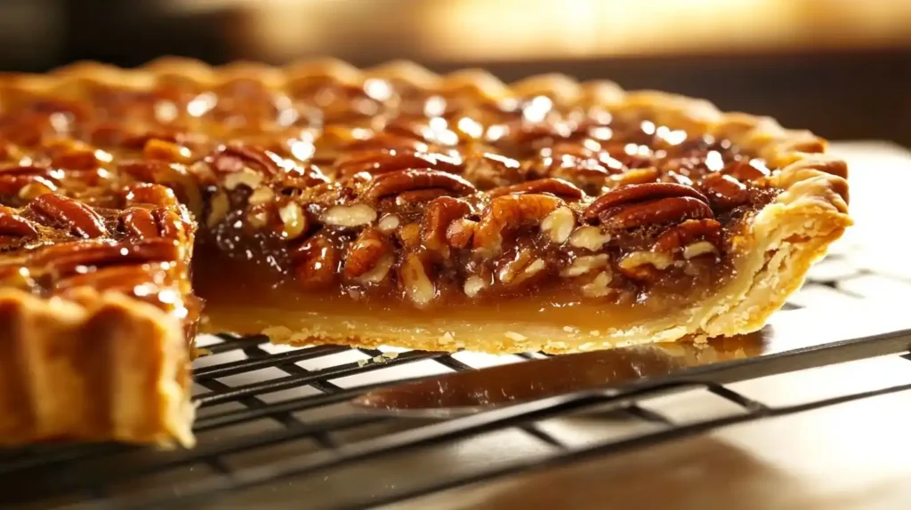 A freshly baked Pecan Pie cooling on a wire rack, with a glossy pecan topping and a lifted slice revealing the gooey filling.