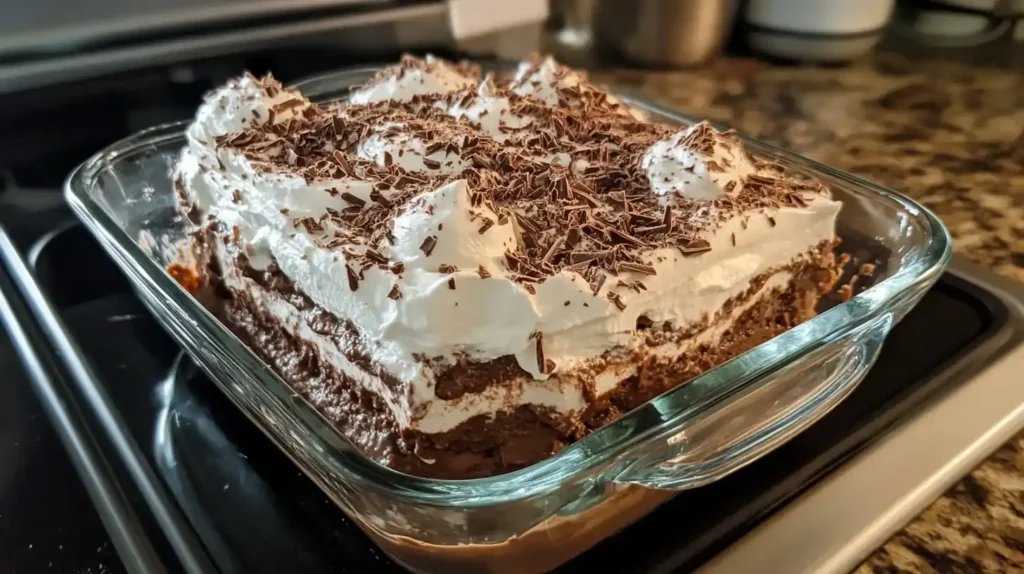 A fully assembled Chocolate Lasagna chilling in the refrigerator, topped with whipped cream and chocolate shavings.