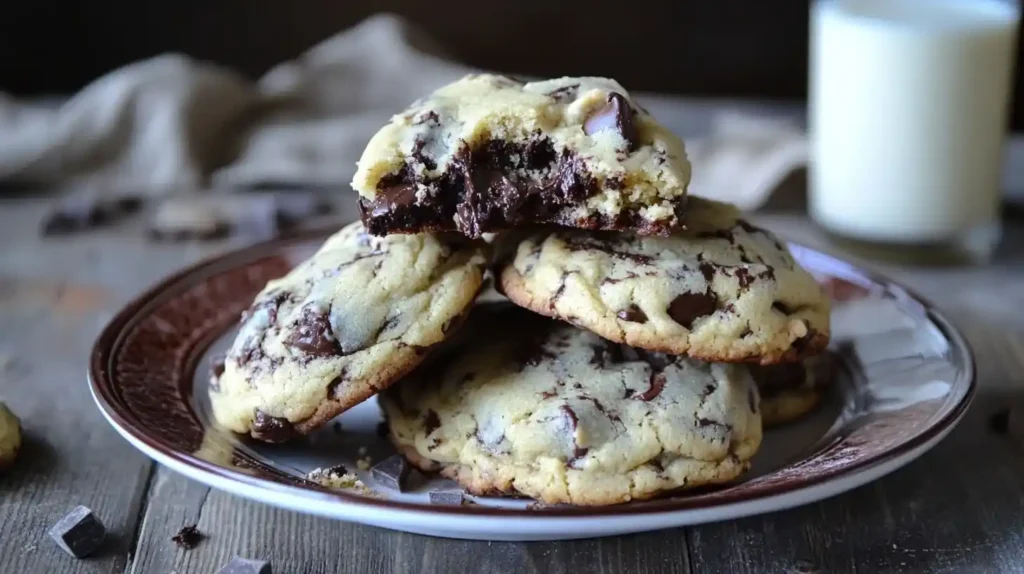 A plate of freshly baked chocolate chip cookies, golden brown with melted chocolate chips, served on a rustic wooden table.