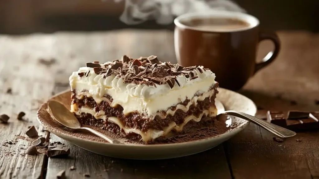 A slice of Chocolate Lasagna served with a cup of coffee on a rustic wooden table, topped with chocolate shavings.