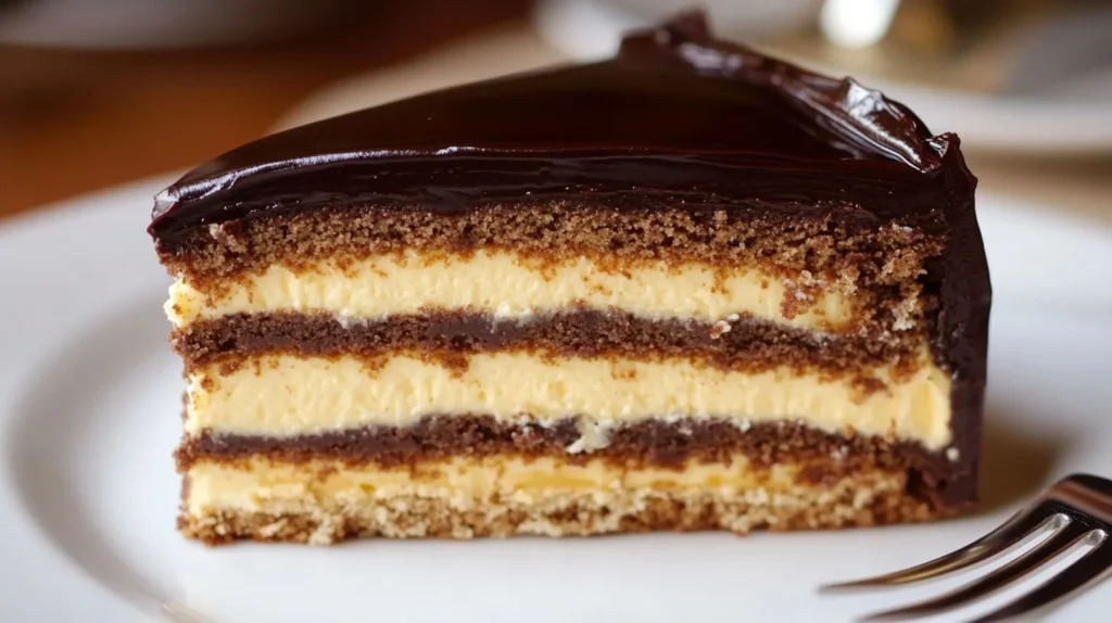 A slice of Ding Dong Cake showcasing rich chocolate layers and a creamy vanilla filling, topped with glossy ganache.