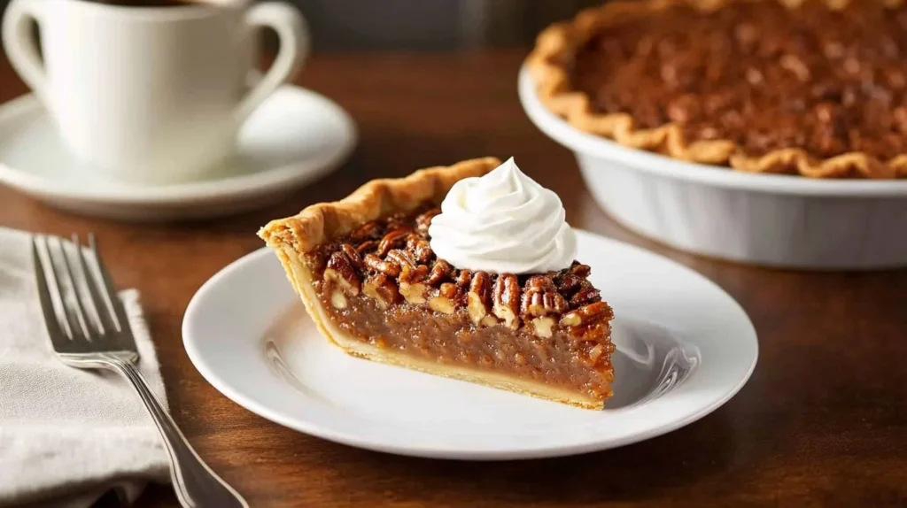 A slice of Pecan Pie topped with fresh whipped cream, served on a white plate with a fork and a cup of coffee nearby.