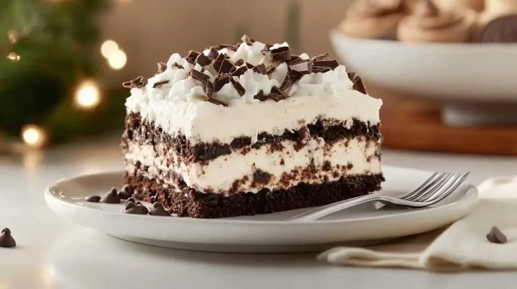 A delicious slice of Chocolate Lasagna with visible layers of Oreo crust, creamy cheesecake, chocolate pudding, and whipped topping.