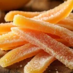 A close-up shot of sugar-coated candied grapefruit peels arranged on a wooden board, with fresh grapefruit halves and sugar crystals in the background.