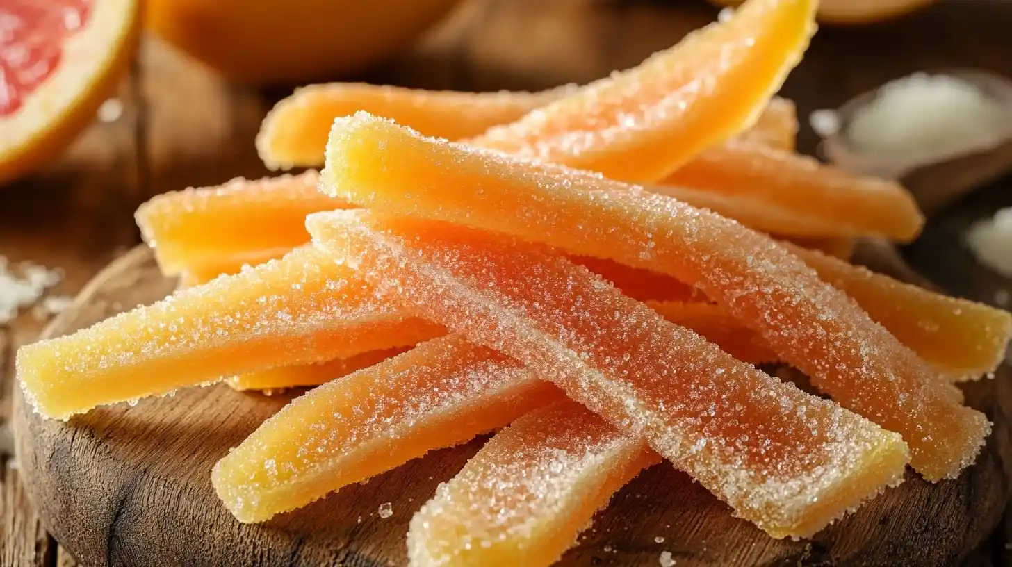 A close-up shot of sugar-coated candied grapefruit peels arranged on a wooden board, with fresh grapefruit halves and sugar crystals in the background.