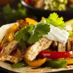 A sizzling Chicken Fajitas on a soft tortilla, topped with grilled chicken, sautéed bell peppers, onions, avocado, and sour cream, with lime on the side