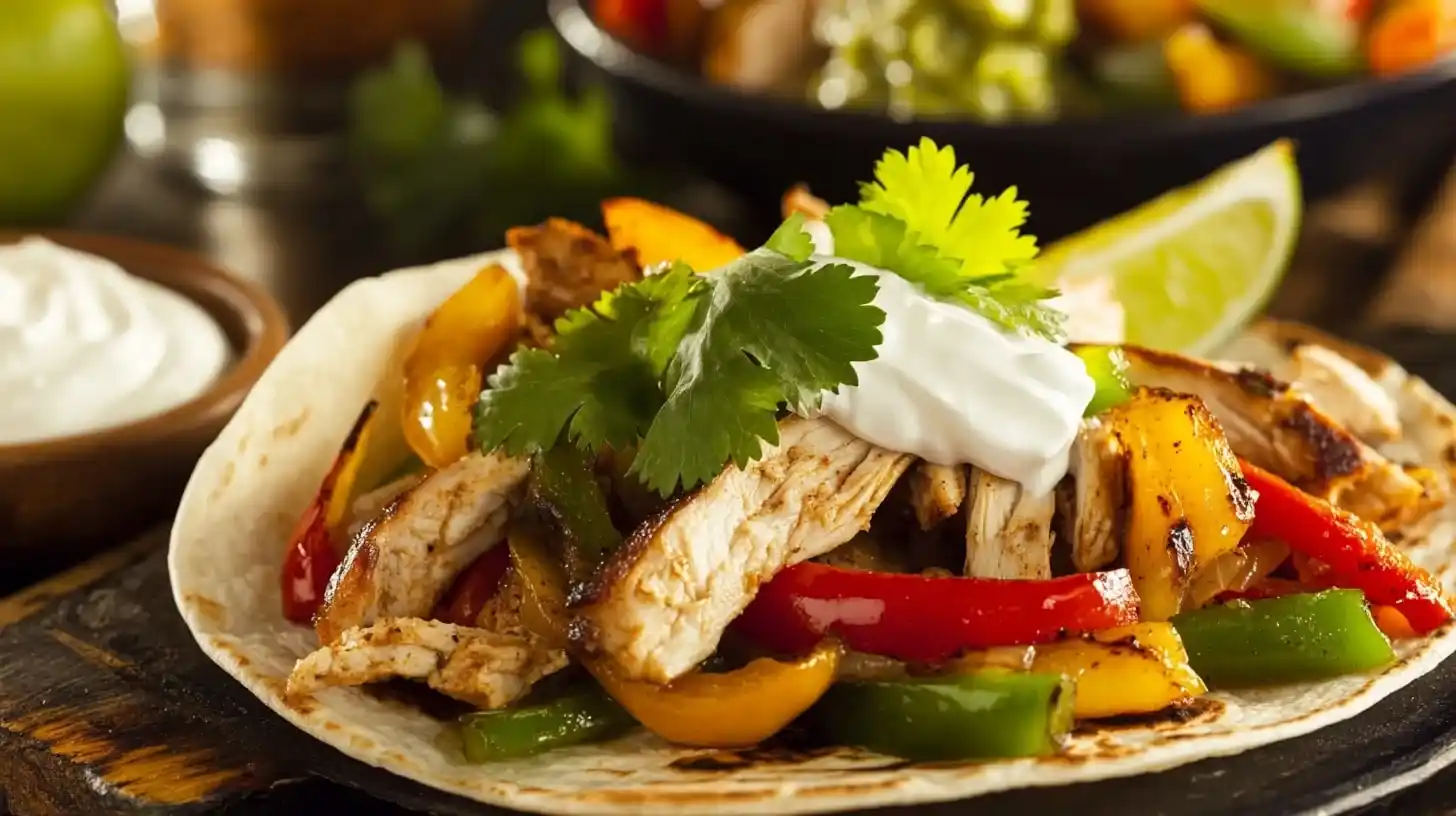 A sizzling Chicken Fajitas on a soft tortilla, topped with grilled chicken, sautéed bell peppers, onions, avocado, and sour cream, with lime on the side