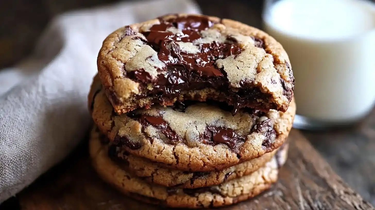 A stack of freshly baked chocolate chip cookies with melted chocolate chips, placed on a rustic wooden surface with a glass of milk in the background.