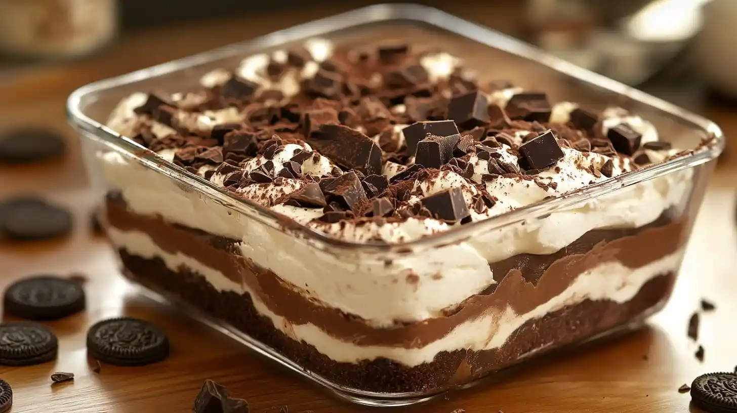 A beautifully layered Chocolate Lasagna in a glass dish, topped with chocolate shavings, sitting on a rustic wooden kitchen counter.