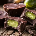 A close-up shot of homemade dill pickle peanut butter cups on a rustic wooden surface. One cup is cut in half, showing a creamy peanut butter filling with a subtle green tint from dill pickle juice. The background features whole pickles and a spoonful of peanut butter, softly blurred