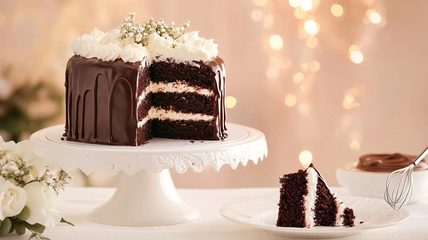 A full Ding Dong Cake on a cake stand with a glossy chocolate ganache and a slice cut out, revealing creamy vanilla filling.