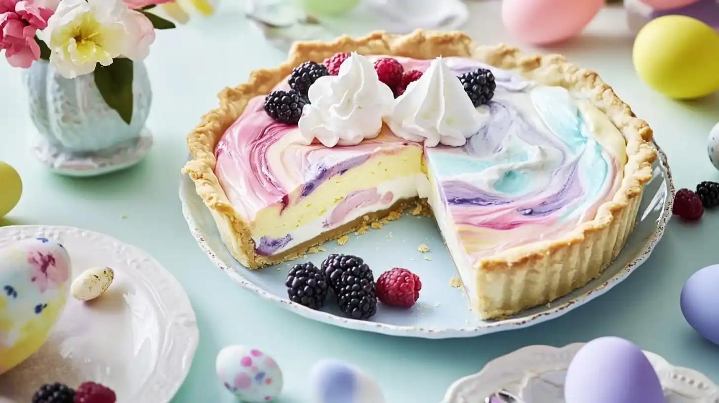 A colorful Easter Swirl Pie with a pastel marbled design, served on a table with Easter eggs, flowers, and a slice plated with whipped cream.