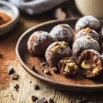 A plate of Homemade Chocolate Truffles with different toppings, including cocoa powder, crushed nuts, and sprinkles, with a warm, rustic background.