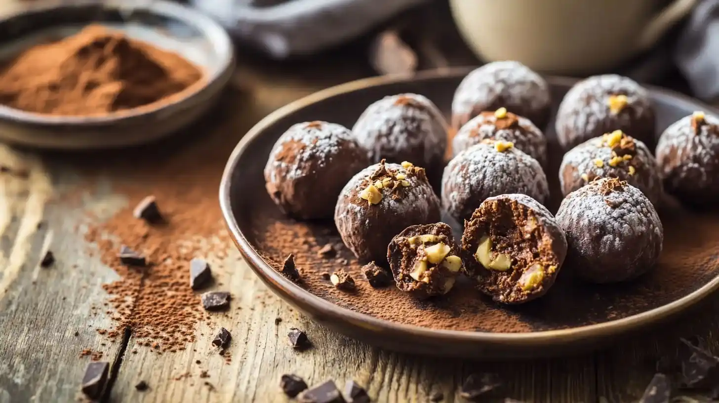 A plate of Homemade Chocolate Truffles with different toppings, including cocoa powder, crushed nuts, and sprinkles, with a warm, rustic background.