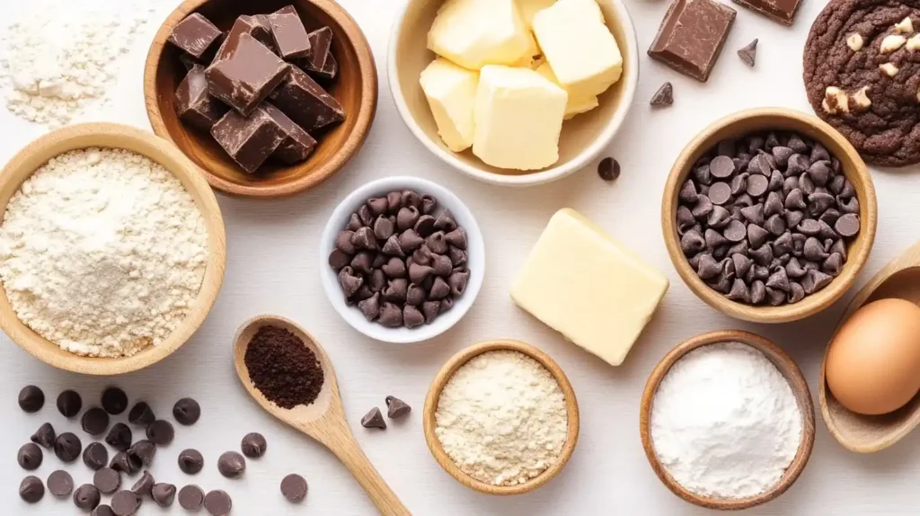 Essential ingredients for chocolate chip cookies, including flour, butter, eggs, sugar, vanilla, and chocolate chips, laid out on a countertop.