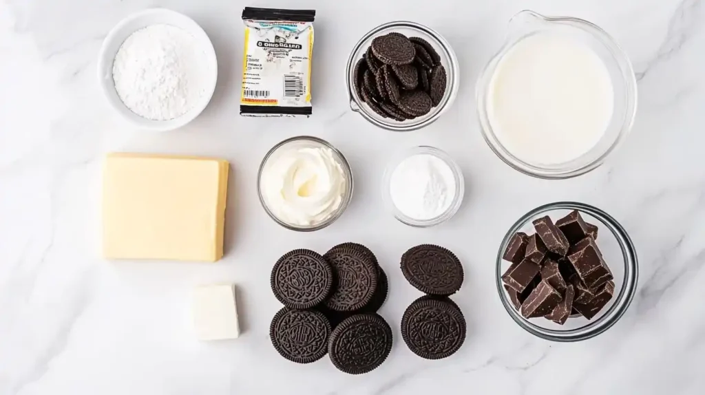 All the essential Chocolate Lasagna ingredients, including Oreo cookies, cream cheese, powdered sugar, pudding mix, and whipped topping.