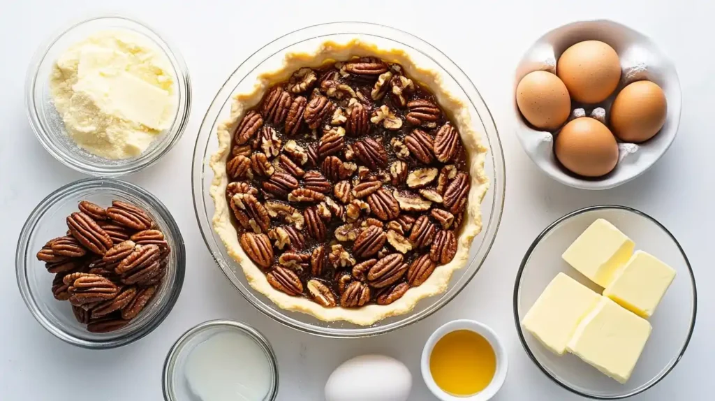 All the essential ingredients for Pecan Pie, including fresh pecans, eggs, brown sugar, butter, and an unbaked pie crust, arranged on a kitchen counter.