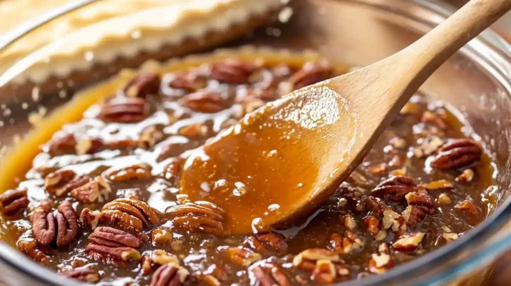 A mixing bowl filled with rich Pecan Pie filling, with a wooden spoon stirring a glossy blend of eggs, brown sugar, and pecans.