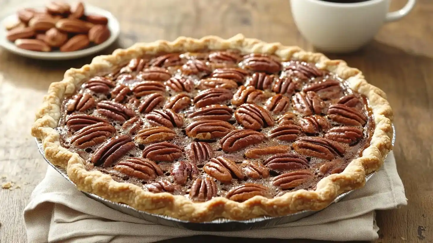 A perfectly baked Pecan Pie with a flaky crust and caramelized pecan topping, resting on a rustic wooden table.