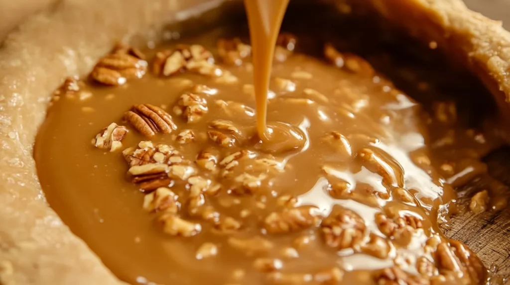 Smooth and glossy Pecan Pie filling being poured into a flaky, unbaked pie crust, ready for baking.