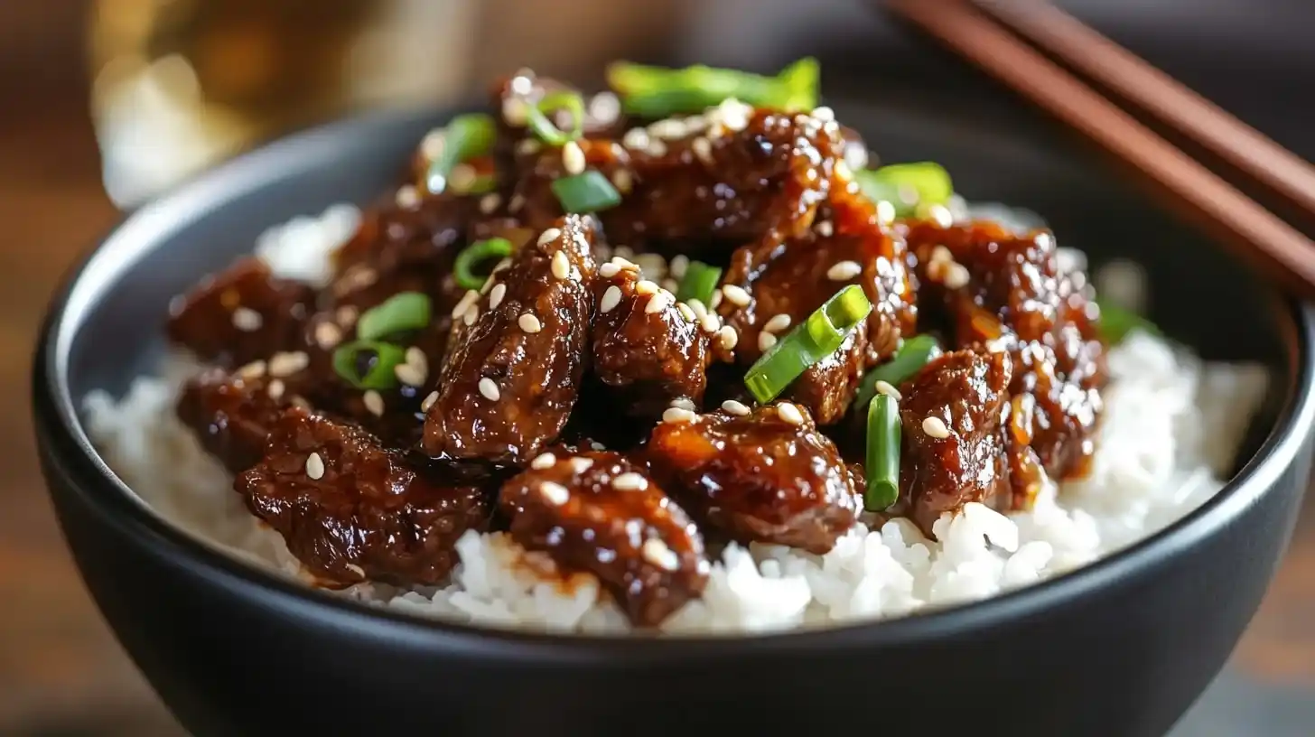 A close-up of a bowl of Spicy Firecracker Beef served over rice, garnished with green onions, sesame seeds, and extra sriracha.