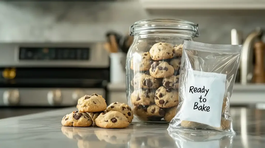 A glass jar filled with chocolate chip cookies, alongside a sealed bag of frozen cookie dough balls labeled “Ready to Bake.