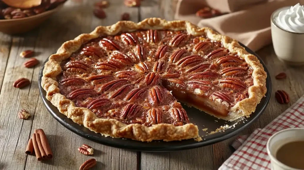 A freshly baked Pecan Pie with a golden crust and glossy caramelized pecans, set on a rustic wooden table with warm autumn decor.