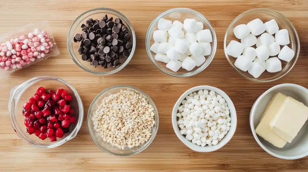 Flat-lay image of ingredients for Chocolate Covered Cherry Rice Krispies Treats, including mini marshmallows, Rice Krispies cereal, cherry jello powder, chocolate chips, and butter, all arranged on a wooden kitchen counter.