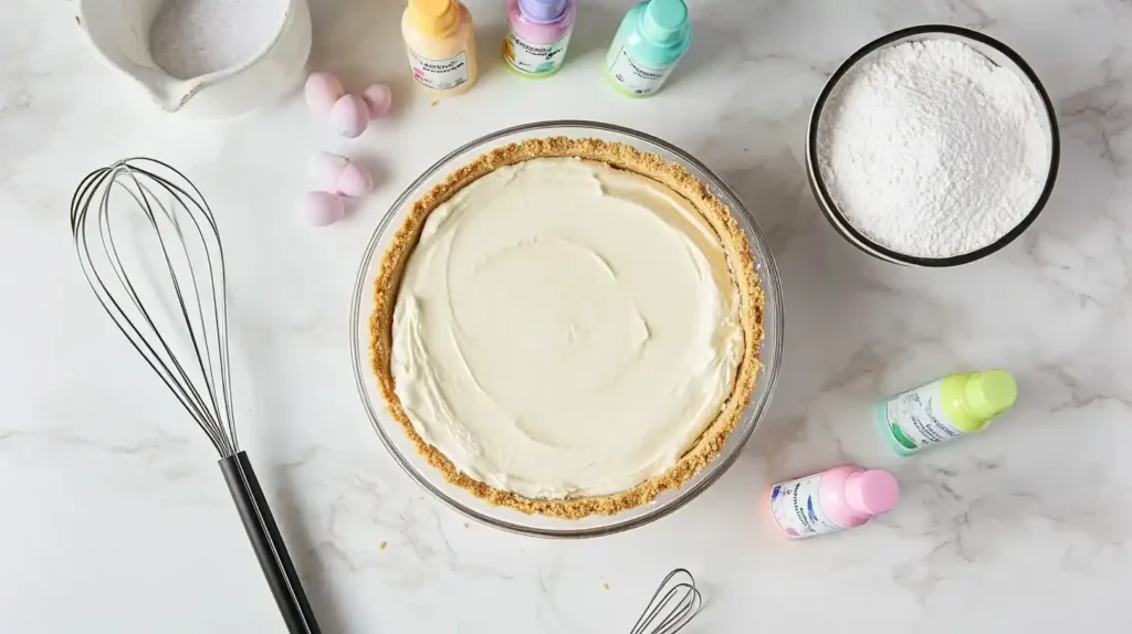 A flat-lay of ingredients for Easter Swirl Pie, including cream cheese, powdered sugar, vanilla extract, pastel food coloring, and a graham cracker crust.