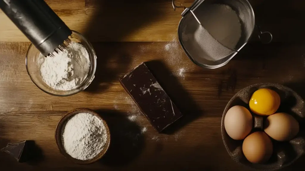 A flat-lay image of ingredients for chocolate lava cakes, including semi-sweet chocolate, butter, flour, confectioners’ sugar, eggs, and salt, arranged neatly on a wooden kitchen counter.