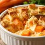 A freshly baked Carrot Casserole Recipe in a white baking dish, topped with golden, crispy croutons. A spoon scoops out a portion, revealing creamy, cheesy carrots.