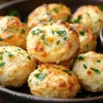 A plate of golden, Cheesy Garlic Biscuit Bites stacked together, with one biscuit torn open to reveal gooey melted mozzarella. A dish of marinara sauce sits beside them, garnished with fresh parsley and Parmesan.