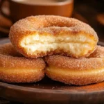 A close-up of freshly baked Churro Cheesecake Donut Cookies, stacked on a wooden plate, with one cut open to reveal a creamy interior, coated in cinnamon sugar