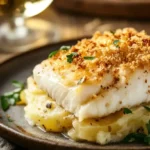 A plated serving of Creamy Fish on Potato Gratin with a golden, crispy topping. The layers of potatoes and tender fish are visible, served on a rustic wooden table with a glass of white wine in the background.