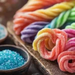 A colorful display of Homemade Kool-Aid Licorice Ropes ropes on a wooden board, with red, blue, green, and purple ropes twisted together.