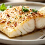 Golden brown Parmesan Crusted Fish fillet served on a white plate with a side of lemon and parsley, highlighting its crispy and flaky texture.