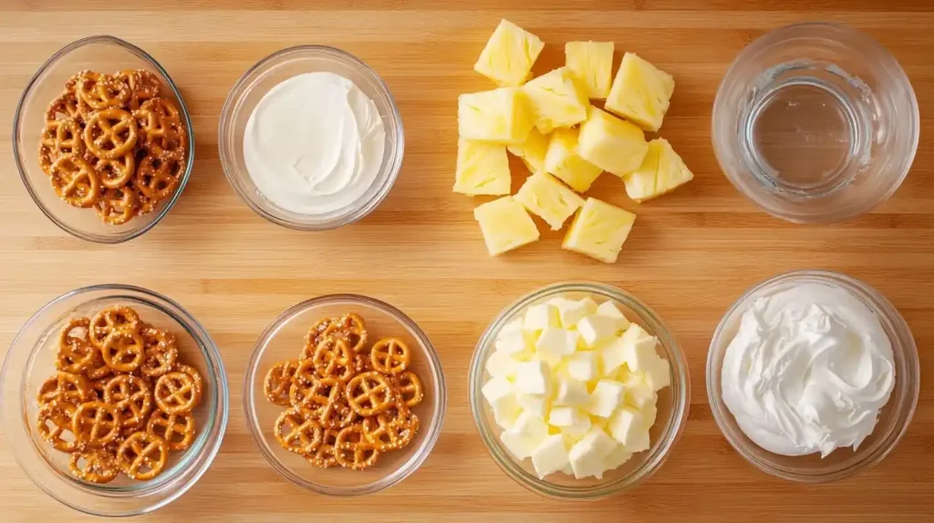 A flat-lay image of Pineapple Pretzel Salad ingredients, including pretzels, butter, sugar, pineapple Jell-O, crushed pineapple, cream cheese, whipped topping, and water.