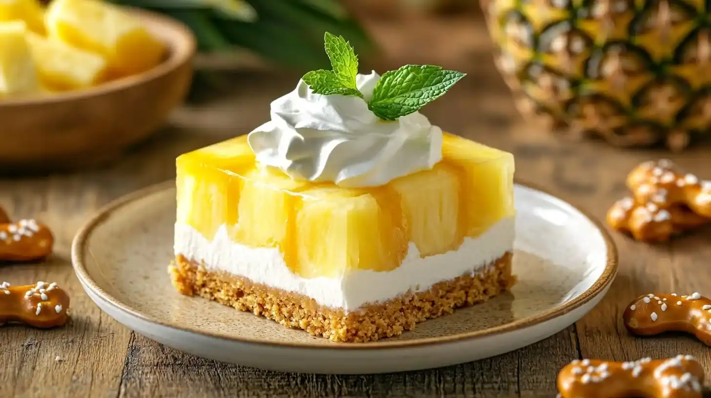 A close-up of Pineapple Pretzel Salad squares on a plate, showing layers of crunchy pretzel crust, creamy filling, and pineapple Jell-O topping, garnished with whipped topping and mint.